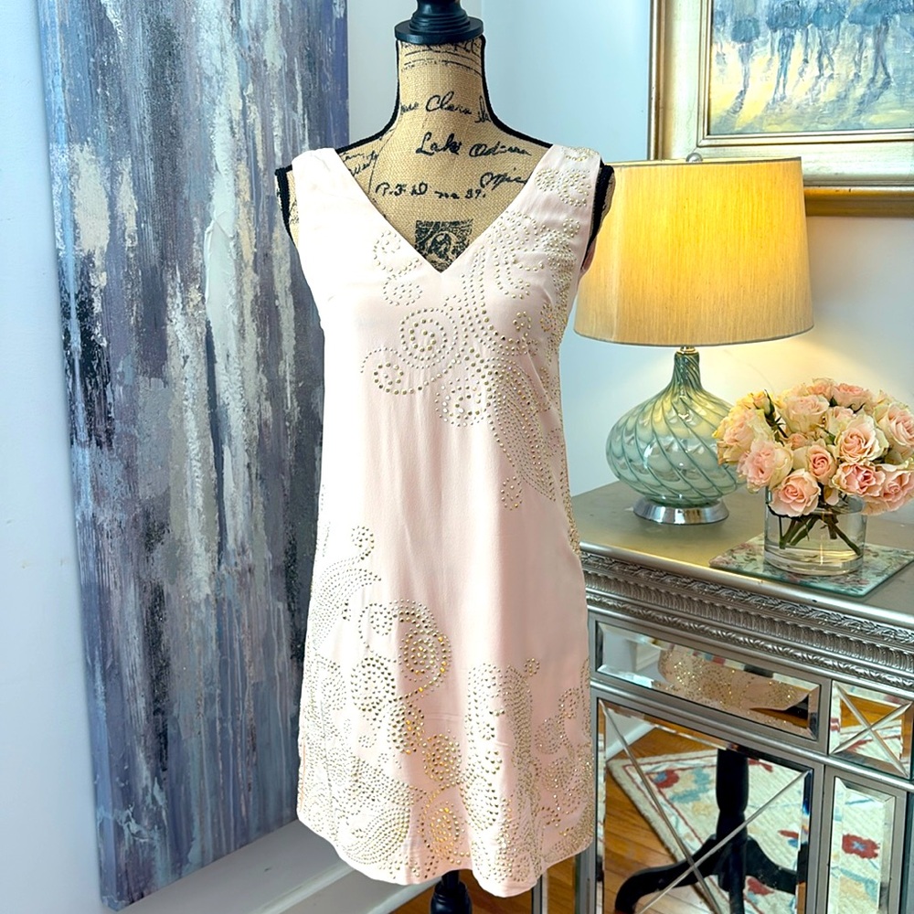 TRINA TURK Revolve Silk Peach blush Gold wedding guest cruise dress XS 0 jeweled